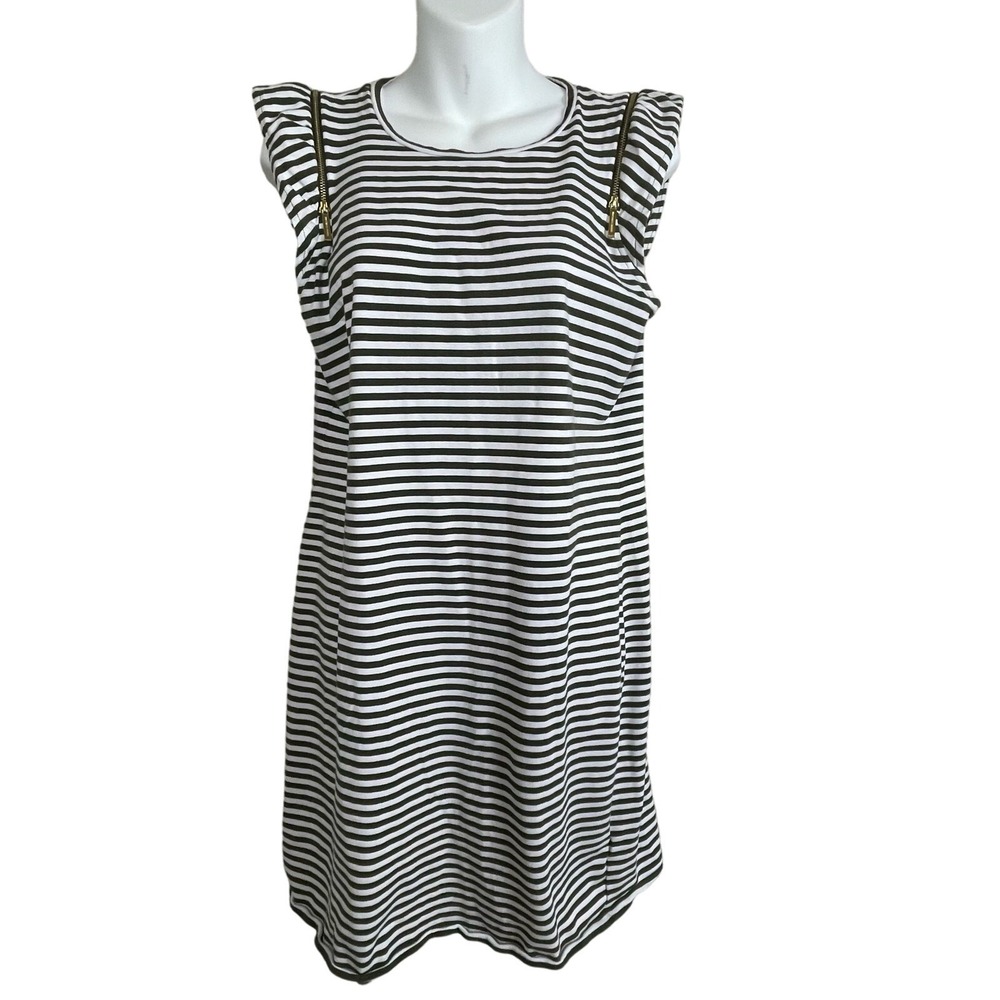 Michael Kors M Olive Green White Stripe Shirt Dress Zipper Shoulder